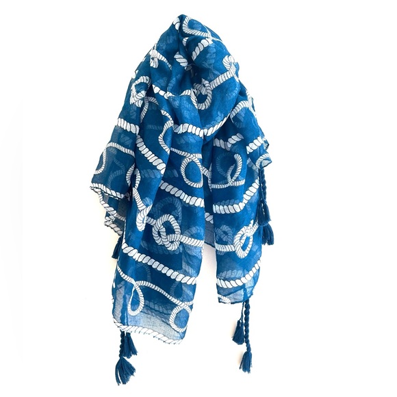 Nautical Blue and White Scarf/Beach Coverup with Tassels - Picture 6 of 10